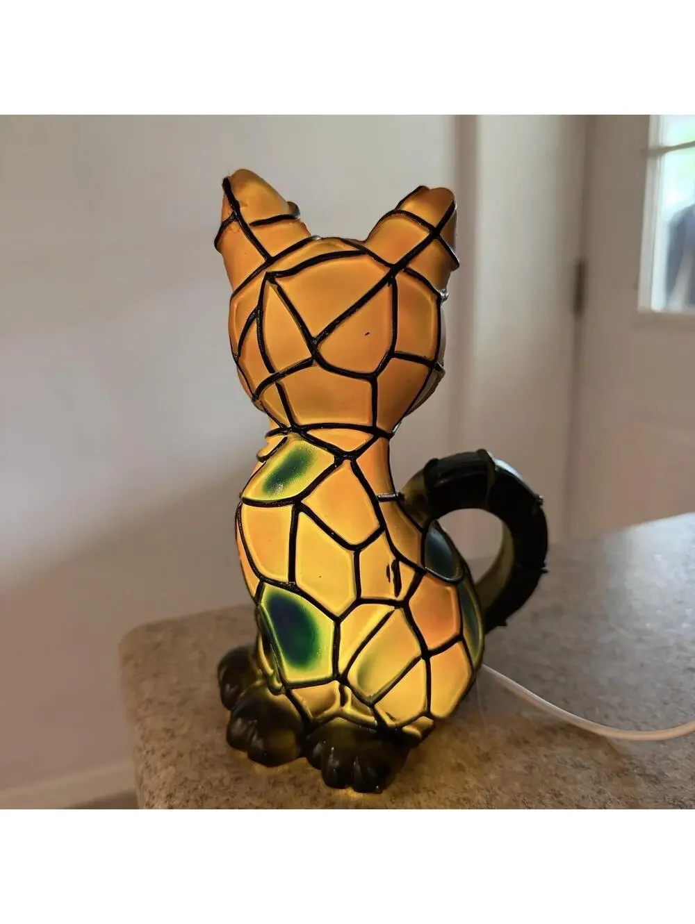 Stained Glass Style Resin Cat Lamp Sitting Kitty LED Night Light USB Tested